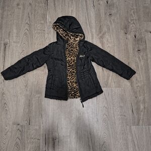 Eddie Bauer Black Kids Puffer Jacket with Leopard Lining